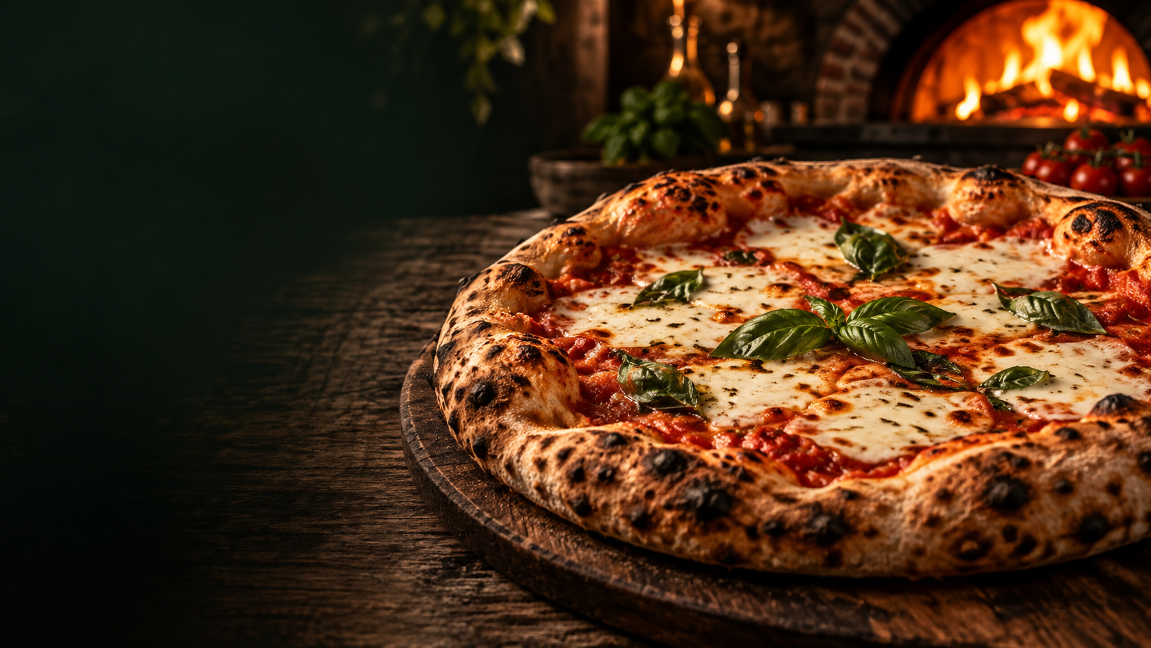 Pizza artesanal com queijo derretido e manjericão, em uma mesa ao lado do forno — fotografia demonstrativa